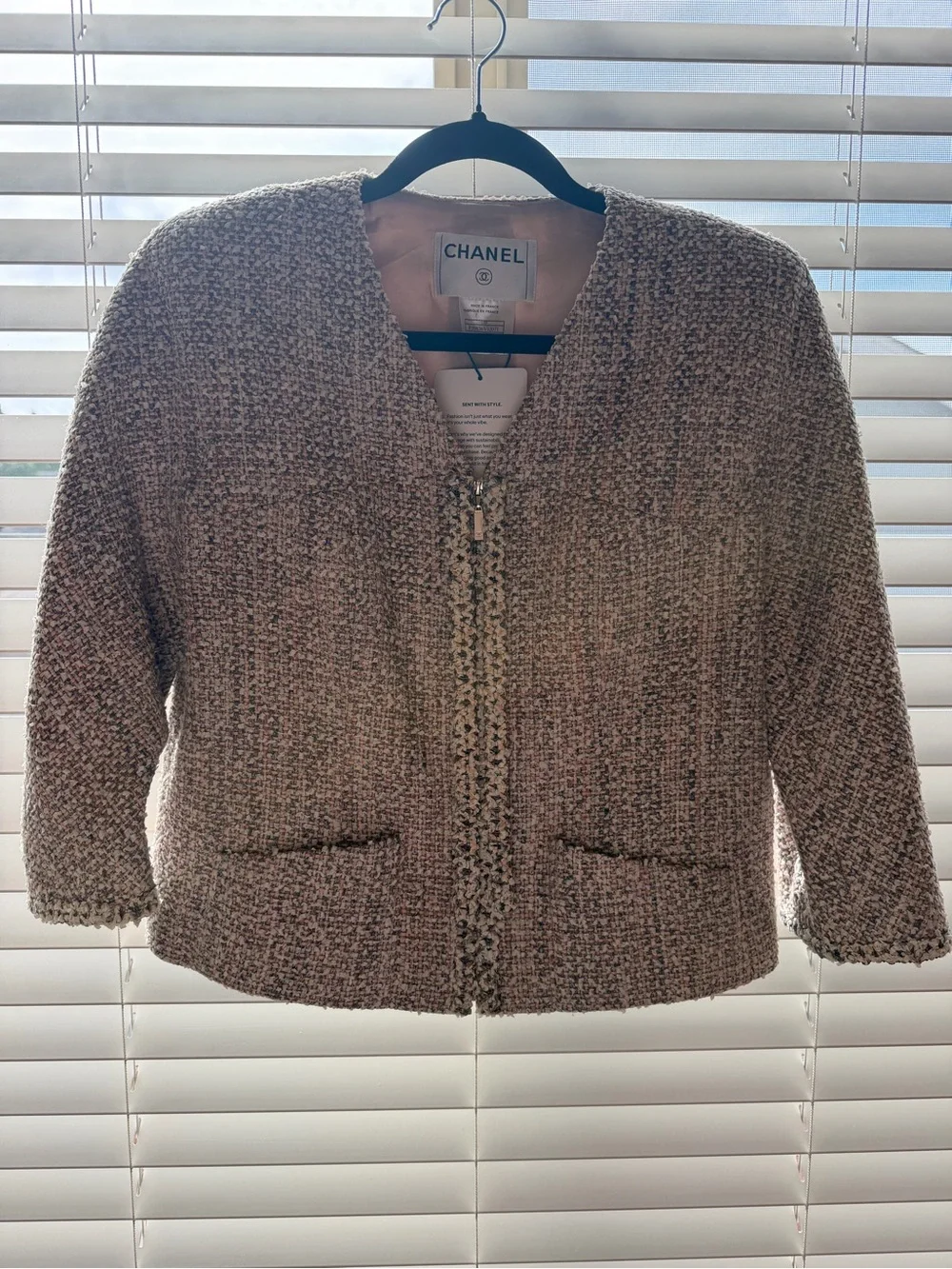 CHANEL Neutral Pink-Beige Bouclé Zip Jacket